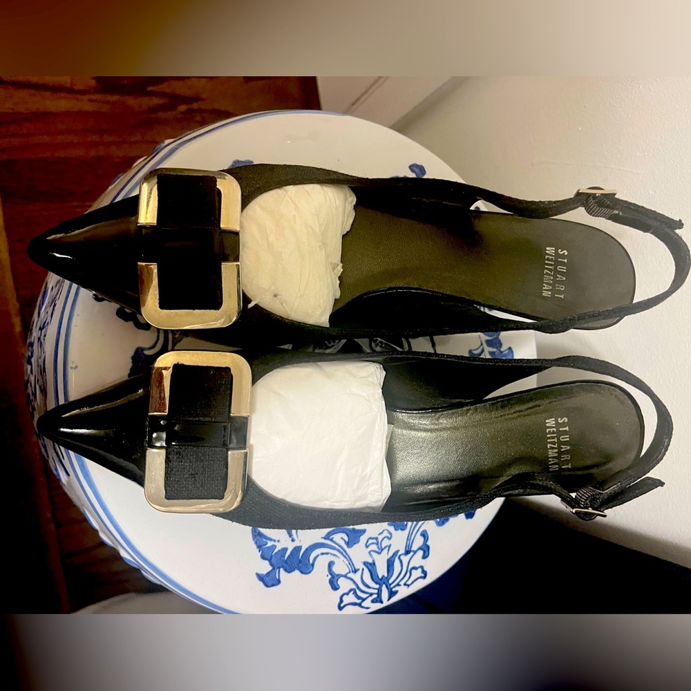 Stuart Weitzman Black Patent Leather Sling back low heel. Used good condition